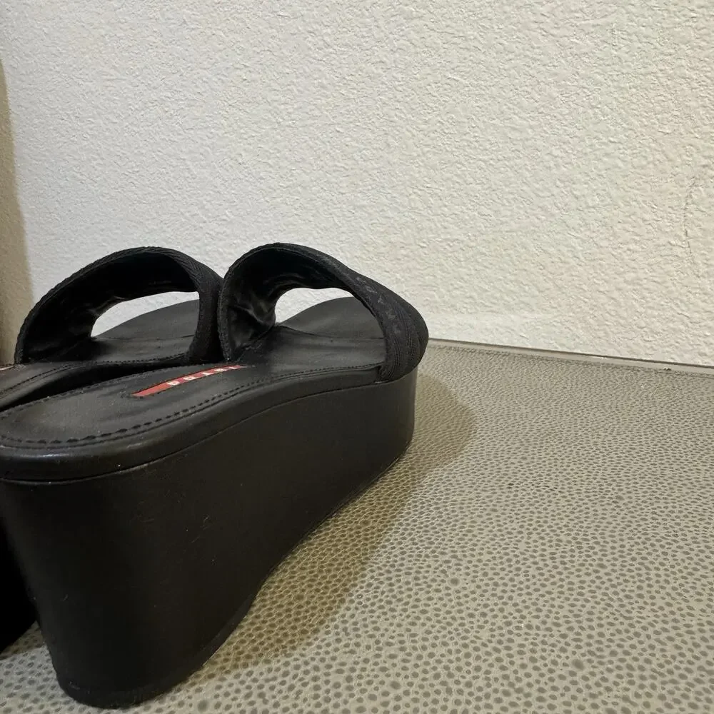 PRADA Logo Black Platform Slide Sandals Size 38.5 Y2K Vintage